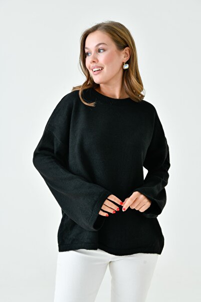 bayansepeti Black Oversized Knitwear Sweater - Spanish Sleeve, Crew Neck, Long Sleeve, Off Shoulder 4091