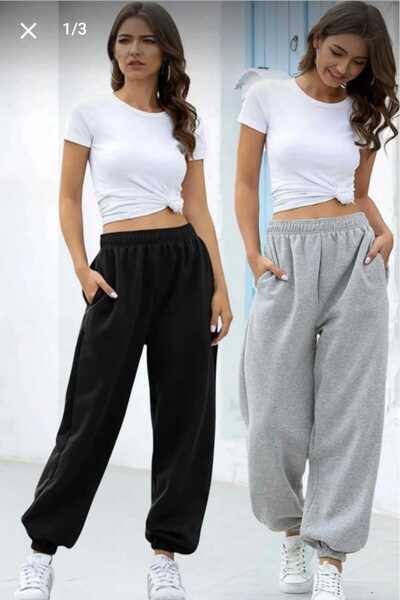 yg ydn giyim Ψηλόμεσο ελαστικό Jogger Sweatpants - Σετ 2 Μαύρο Γκρι