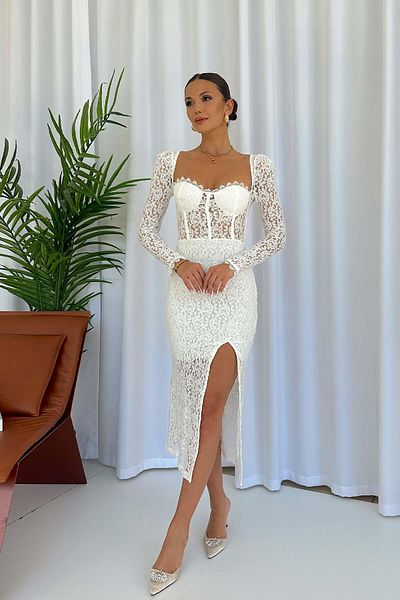 Mine Tan Butik Λευκό Underwire μακρυμάνικο γυναικείο φόρεμα με λεπτομέρεια Guipure