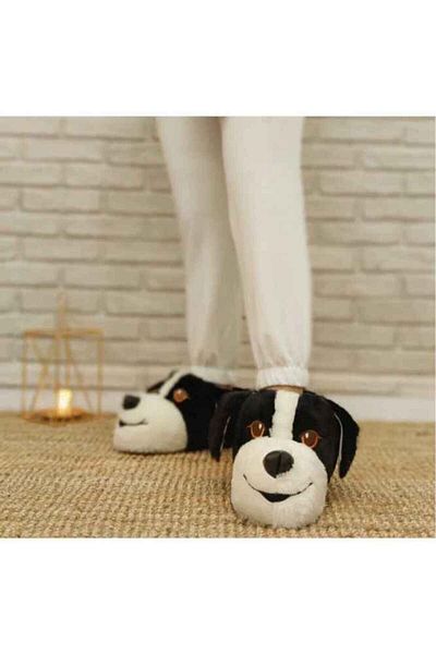 Slipcat Papuci negri de pluș cu figură de câine Papuci de casă unisex