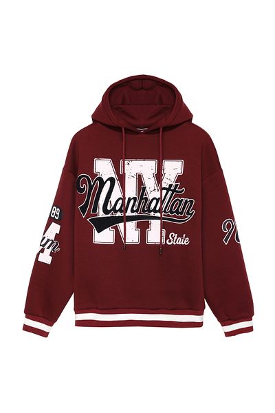 Quzu Claret Red Hooded Sweatshirt - Print Detailed