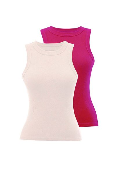 WESTMARK LONDON White and Pink Crew Neck Women's T-Shirt - Wmclara Rib Tank Top, Cotton Elastane Blend