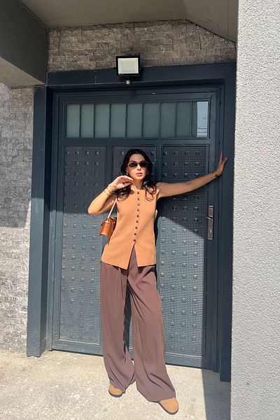Seda Yalçın Atelier Brown Palazzo Trousers - Double Buttons and Pleat Detail