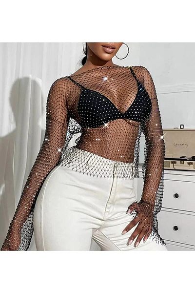 SKAY Μπλούζα Crystal Stone Mesh Crop