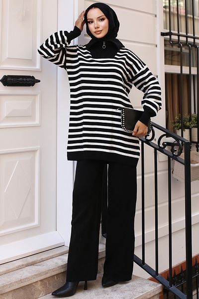 benguen 11029-03 Black Striped Zippered Knitwear Set