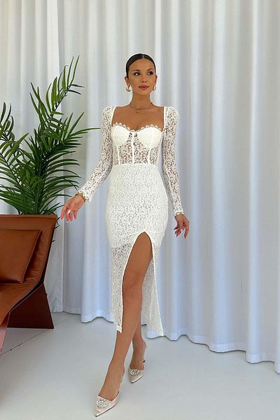 Mine Tan Butik Λευκό Underwire μακρυμάνικο γυναικείο φόρεμα με λεπτομέρεια Guipure