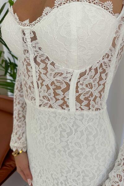 Mine Tan Butik Λευκό Underwire μακρυμάνικο γυναικείο φόρεμα με λεπτομέρεια Guipure