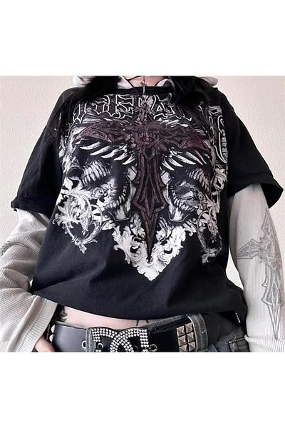 Köstebek White Sleeve Cross Print Cyber Grunge Hooded Sweatshirt
