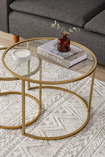 DEKOPRATİK - Belarus Orta Sehpa Ikili Şeffaf Camlı Gold 60cm