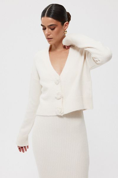 Seda Yalçın Atelier Cream Rose Detailed Cardigan and Dress Set