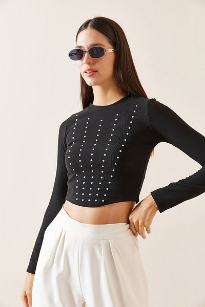 XHAN Black Crew Neck Jewelled Crop Blouse 5Yxk2-48936-02