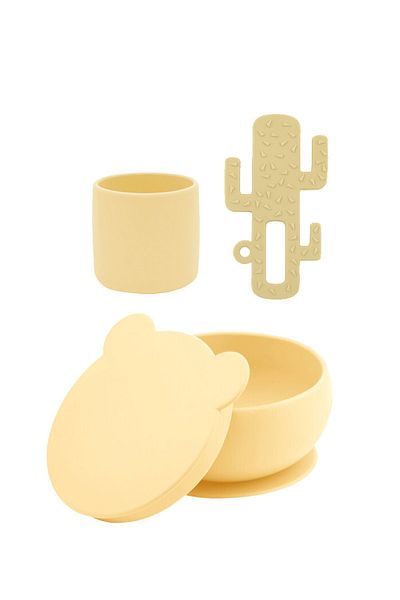 OiOi Mini Glass Mellow Yellow & Bowl with Lid & Teether