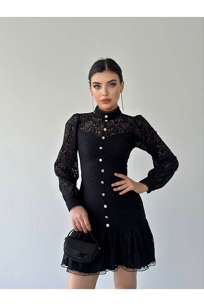 Afiş Butik Black Stand Collar Lace Mini Dress