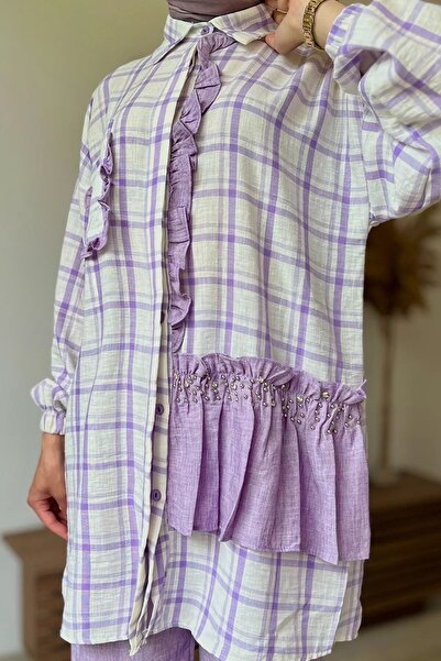 julude Hijab Cultivated Lilac Plaid Patterned Frilly Tunic and Trousers Set