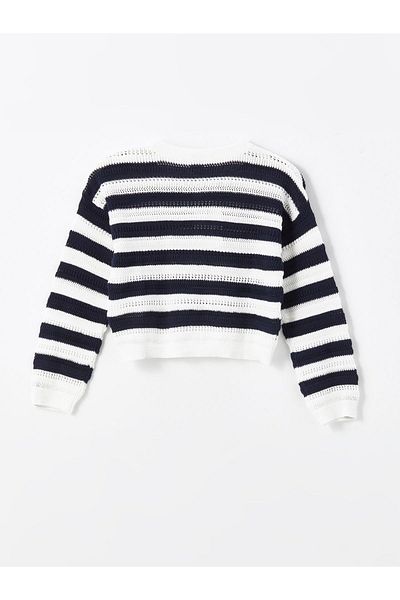 LC Waikiki Gestreifter Crop-Strickpullover für Mädchen – Rundhalsausschnitt