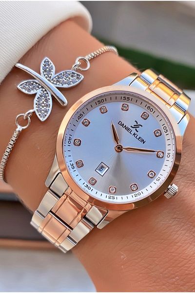 Daniel Klein Rose Brand Silver Women's Wristwatch and Bracelet Gift