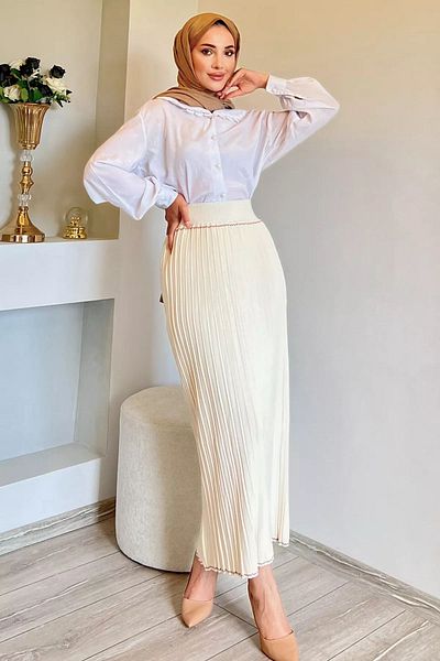 julude Hijab Πλισέ Κρεμ Πλεκτή Φούστα