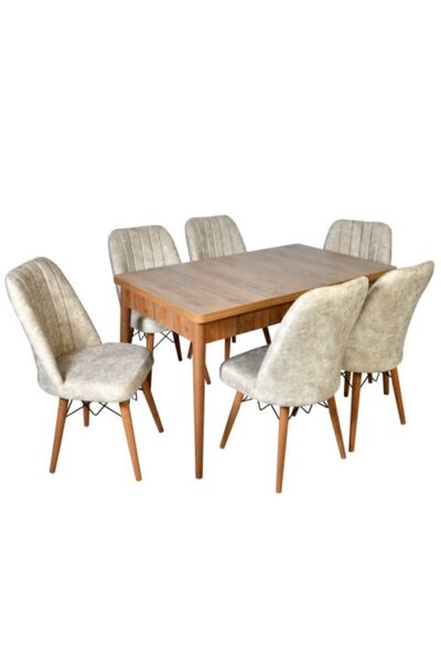 Efe Mobilya Amalfi Gold Kelebek Açılır Ahşap Ayaklı 6 Kişilik Yemek Masası