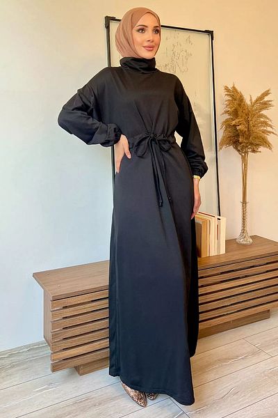 julude Μαύρο Hijab Φόρεμα με Δαντέλα στη Μέση - Ελαστικό Μανίκι