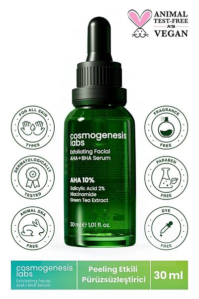 Cosmogenesis Labs مصل التقشير الفعال للبشرة Aha Bha 30 مل منظف الخلايا الميتة النباتي (10% AHA - 2% حمض الساليسيليك)