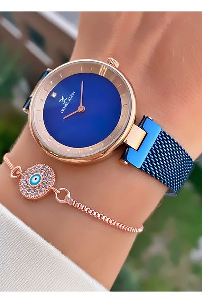 Daniel Klein Brand Navy Blue Rose Color Small Case Women's Wristwatch - with Bracelet Gift