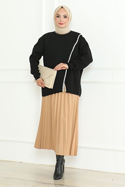 Bestenur Black Asymmetrical Knitwear Sweater 1194 - Sweater