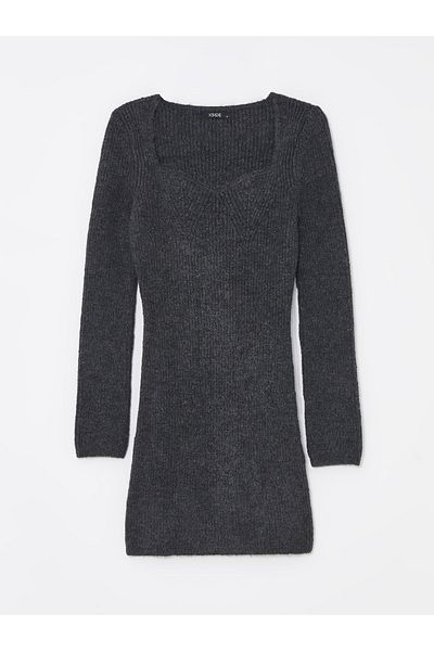 LC Waikiki Women's Knitwear Dress - Solid Long Sleeve and Heart Collar