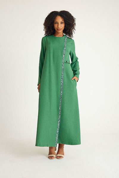 Fashion Showcase Green Long Abaya Ferace - Stone Detailed Lace up