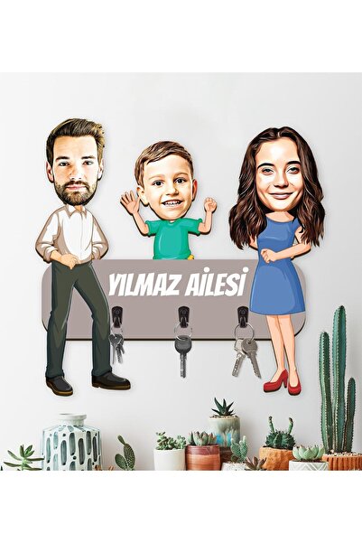 EJOYA Kişiye Özel Karikatür Fotoğraflı Aile Temalı Anahtarlık Askısı 113233