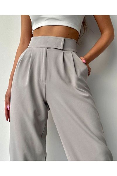 LEYLA SAĞLAM Women's Gray Velcro Belted Elastic Leg - Zippered Double Pleated Balloon Pants