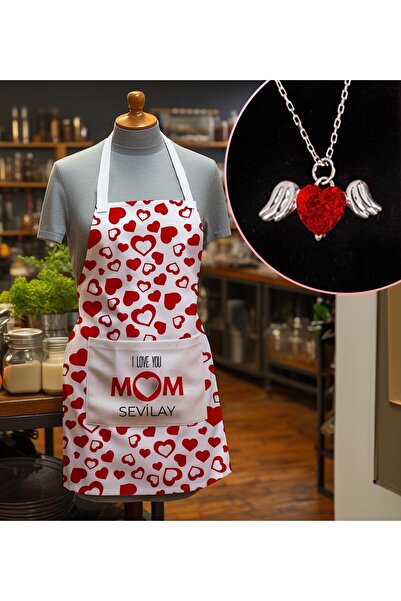 EJOYA Kişiye Özel Isimli Anneler Günü Kalpli Mutfak Önlüğü & Kalp Melek Kolye