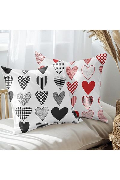 EJOYA 45cm Red Black Heart Designed Pillow Set of 2 - 113440