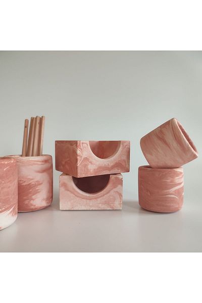 Hgo Atelier Rose Concrete 4 Piece Office Set Pen Holder-Business Card Holder-Pot-Note Paper Holder