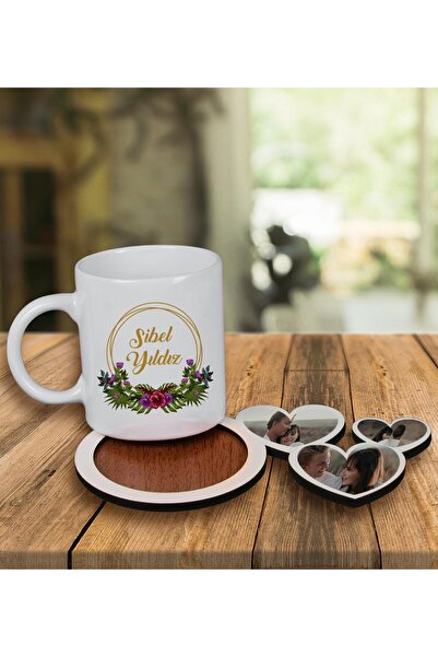 EJOYA Kişiye Özel Tasarım Kupa Bardak Ve Fotoğraflı Kalpler Ahşap Bardak Altlığı 99941