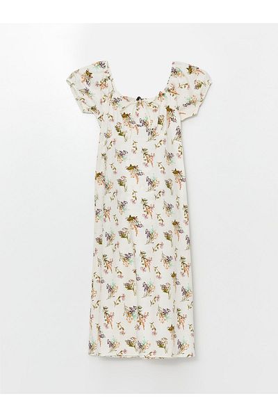 LC Waikiki Floral Patterned Short Sleeve Maternity Dress - Tie-Up Collar