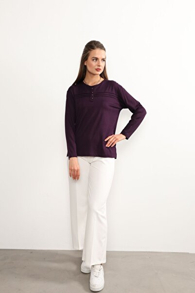 Nacar Moda Kadın Likralı Orta Yaş Ve Üzeri Dört Mevsim Mor Anne Penye Bluz Yeni Sezon Çizgili Şeritli