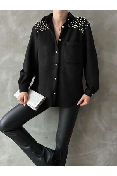 Miss Allos Γυναικείο σουέτ πουκάμισο με μακρυμάνικη τσέπη με λεπτομέρεια από πέτρα και πέρλες