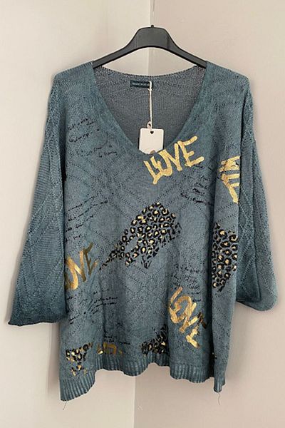 AYASOFYA OTANTIK Green V-Neck Printed Leather Knitwear Blouse - Three-Quarter Sleeve Sweater