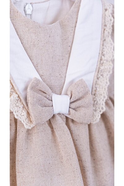 Mymio 6 - 24 Astarlı Keten Kurdaleli Kolları işlemeli Kız Bebek Elbisesi