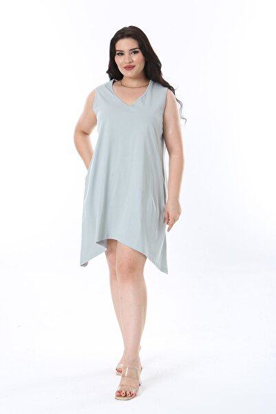 Şans Πράσινο βαμβακερό αμάνικο τουνίκ με λαιμόκοψη V - Γυναικείο Μεγάλο Μέγεθος 65n38226