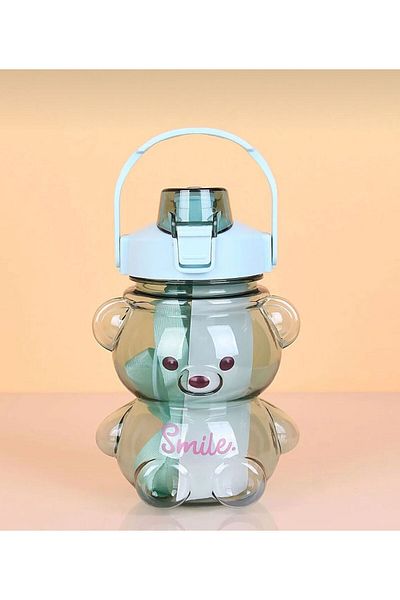 M Mimoza Park زجاجة مياه Smile Teddy Bear موديل 1000 مل خالية من مادة BPA مع زجاجة مياه هدية ملصق ثلاثي الأبعاد