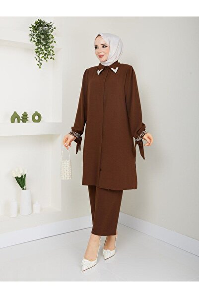 asyadabutik Set Hijab dublu de mărime mare, cu guler și mărgele perle