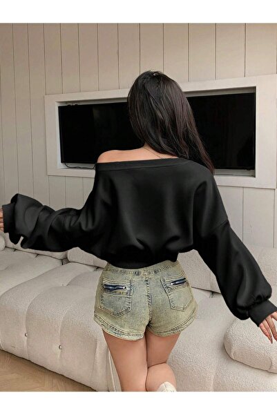 Wild Flower Hanorac negru cu mânecă lungă cu guler asimetric pentru femei Dazy - țesătură cu trei fire