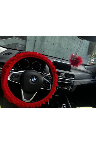Arabasına Aşıklar Kulubü KIRMIZI PELUŞ DİREKSİYON KILIFI SETİ KIRMIZI TÜYLÜ K...