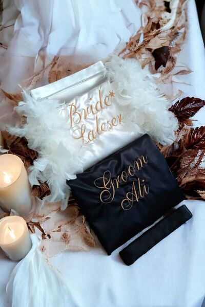 Lasilla Kişiye Özel İsimli Kollar Tüylü Bride, Groom 2'li Set Sabahlık  Seti,...
