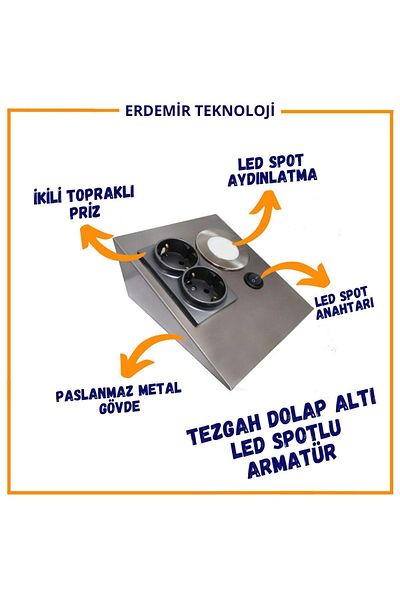 ERD TEKNOLOJİ مصباح إينوكس معدني من الفولاذ المقاوم للصدأ تحت خزانة طاولة المطبخ (ضوء أبيض)