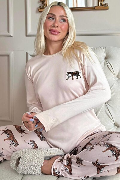 Pijamaevi Somon Kaplan Desenli Termal Kadın Pijama Takımı