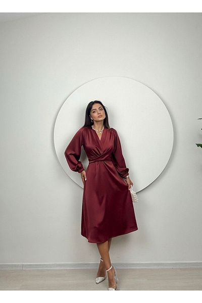Afiş Butik Rochie Midi din Satin - Bordeaux, Detaliu Talie