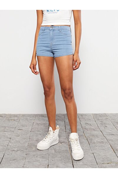 LC Waikiki Magas derekú, extra szűk női farmer rövidnadrág - sima zsebes részlet