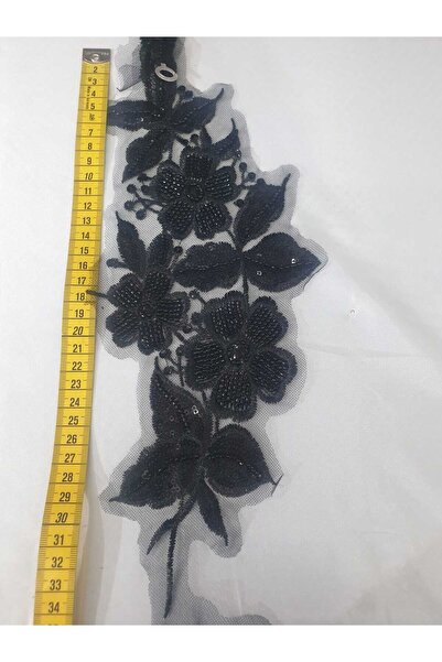 ESRA ŞELEM Black Bead Embroidered Lace Embroidery Guipure Applique Decorative Ribbon Accessory Hobby 2Pcs